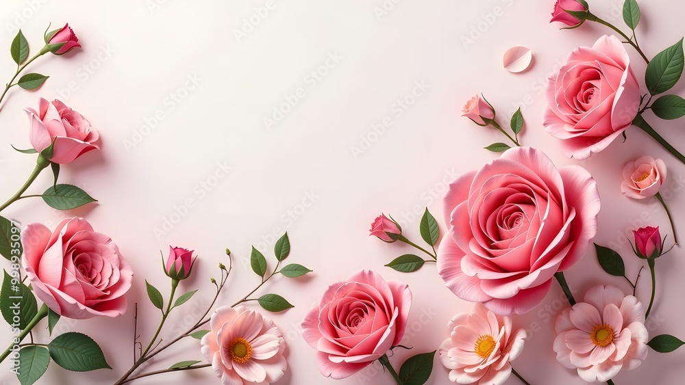 Beautiful pink roses and flowers arranged elegantly on a soft pastel background. Beautiful pink roses and flowers arranged elegantly on a soft pastel background.