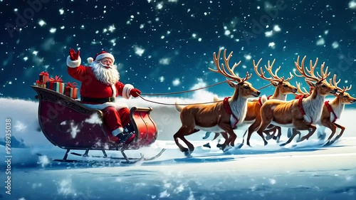 Santa Claus Riding Sleigh with Reindeer under Starry Winter Night Sky Delivering Christmas Gifts
