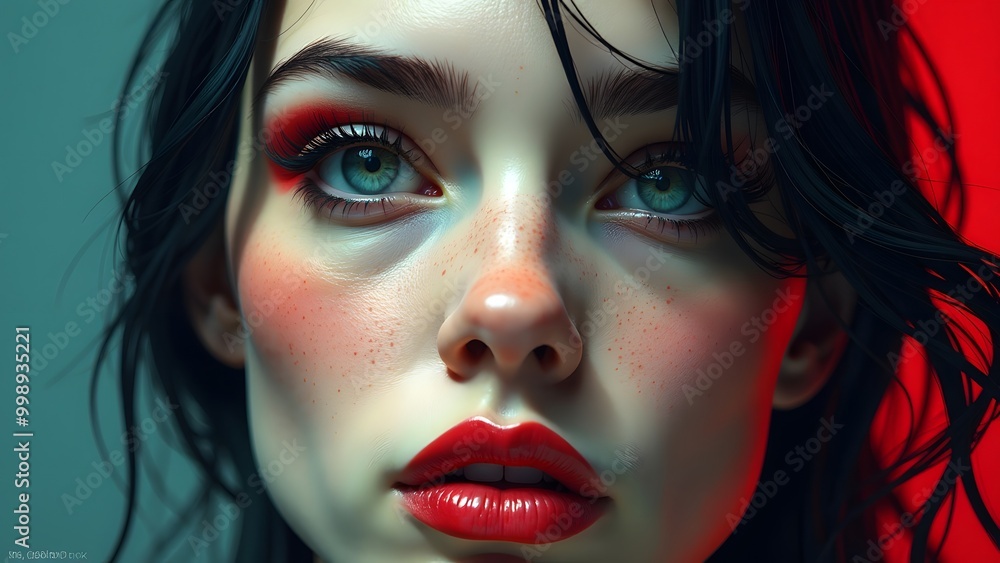 Close-up portrait of a young Caucasian woman with striking features and bold makeup. Close-up portrait of a young Caucasian woman with striking features and bold makeup.