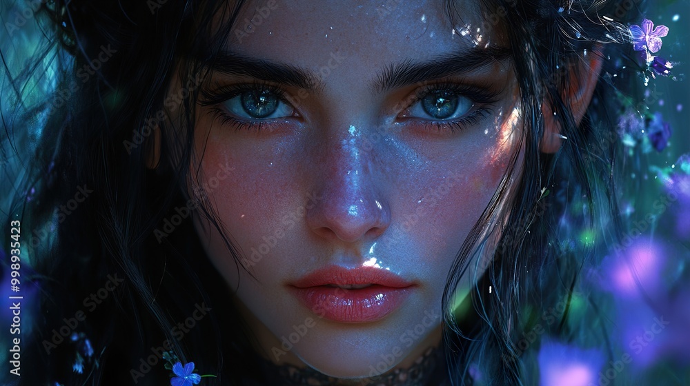 Close Up Portrait of a Woman with Blue Eyes and Flowers in Her Hair Close Up Portrait of a Woman with Blue Eyes and Flowers in Her Hair