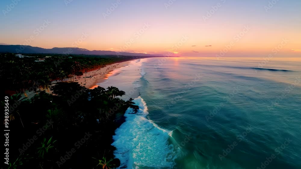 An aerial view of the ocean coastline during sunset, with a vibrant sky and waves gently crashing An aerial view of the ocean coastline during sunset, with a vibrant sky and waves gently crashing