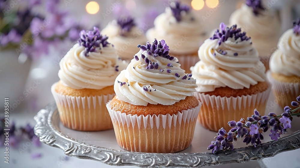 Silver platter holds cupcakes adorned with white frosting and lavender sprinkles Silver platter holds cupcakes adorned with white frosting and lavender sprinkles
