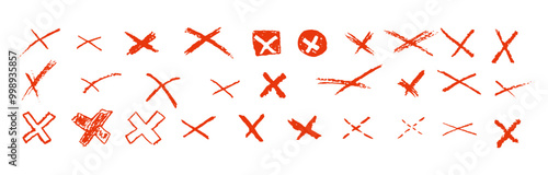 Set of crosses shapes. Red X handdrawn signs collection. No symbols for vote, quiz or survey. Simple choice icons. Cross doodle mark child handwritten. Vector illustration isolated on white bg