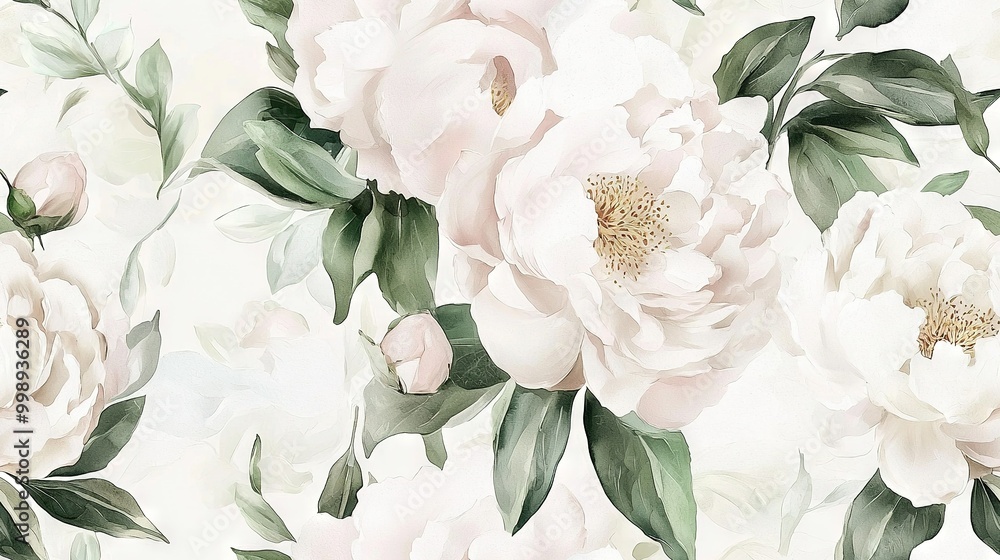 Fototapeta premium A white wallpaper featuring white flowers and green foliage on a white background, with white flowers and green leaves overlaid on top