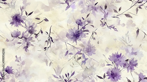  A watercolor depiction of vivid purple blossoms set against an ivory backdrop, featuring lush greenery on the right side