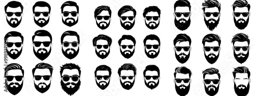 Handsome black men with beards. Handsome model hairstyling, portrait face old hipster. Young trendy guys with haircut modern set. Trendy beard, haircut and hairstyle handsome guy illustration.