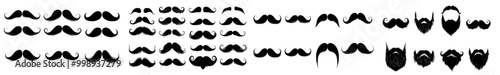 There is a black set of icons with mustaches and beards. It is full of old and funny moustaches, as well as vintage guy like hairstyles. Bearded silhouettes are on this set and are isolated.