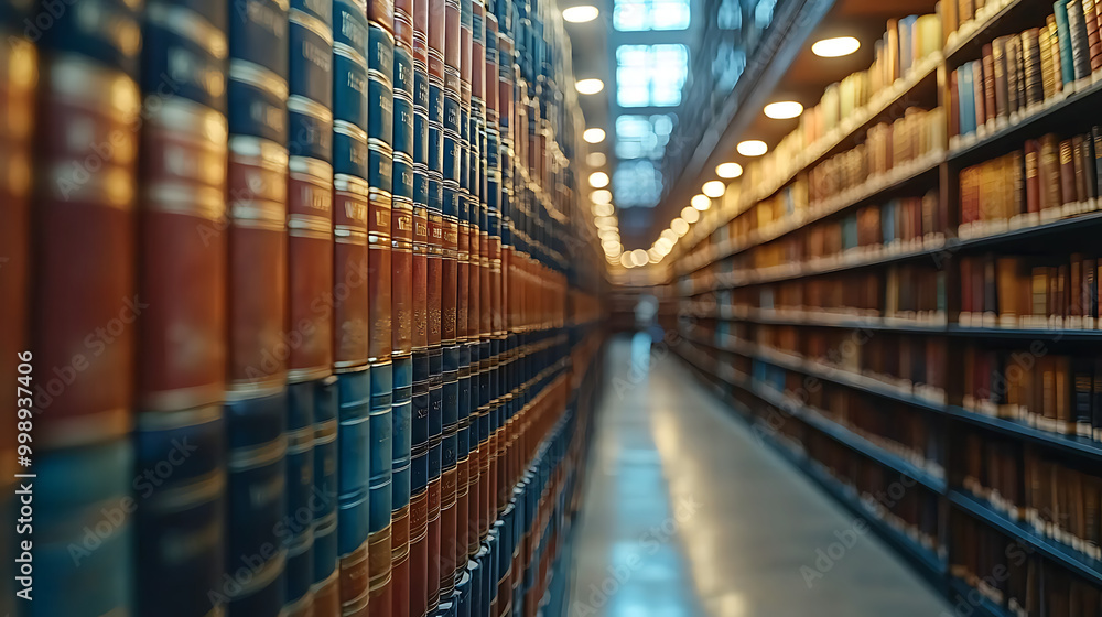 Fototapeta premium A dimly lit library aisle, lined with countless books, showcasing rich, colorful spines and a sense of scholarly depth.