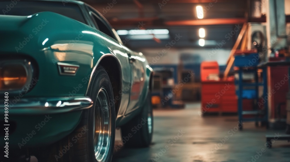Green Classic Car in a Garage Green Classic Car in a Garage