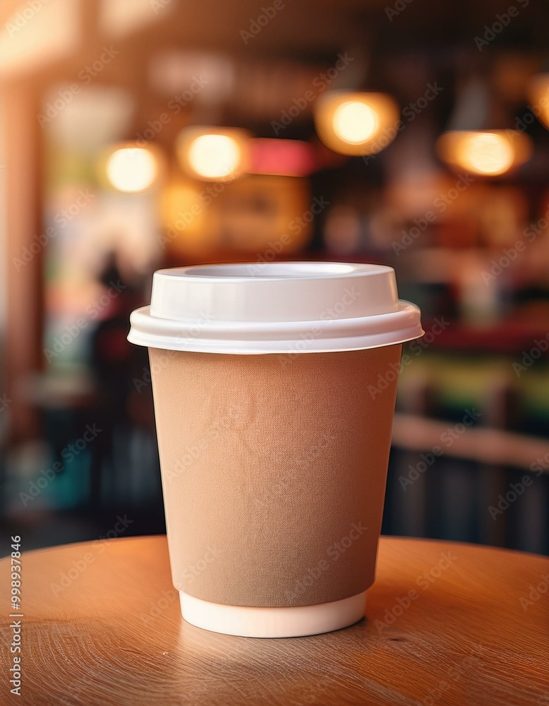Coffee cup with lid mockup, blurred retro coffee shop background Coffee cup with lid mockup, blurred retro coffee shop background