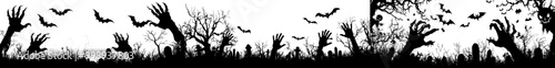 Zombie hands reaching out of graves with tombstones on graveyard and silhouettes of flying bats on a cemetery silhouette, Halloween holiday and horror night modern background.