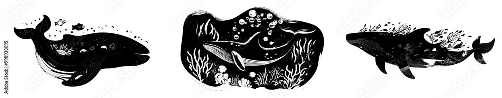 Whale silhouette with underwater landscape and fishes, modern banner ...