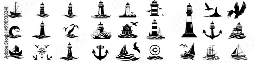 Logos and elements set for nautical brands - anchors, lighthouses, ropes