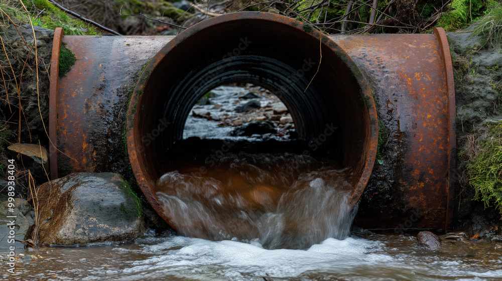 Water rushes through a rusted pipe, flowing into a stream surrounded by moss-covered rocks, highlighting the contrast between industrial decay and nature. Water rushes through a rusted pipe, flowing into a stream surrounded by moss-covered rocks, highlighting the contrast between industrial decay and nature.