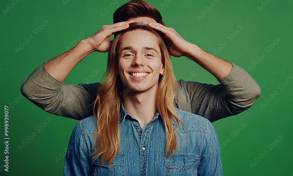 Man with long hair smiling playfully green screen background with ai generated.
Man with long hair smiling playfully green screen background with ai generated.