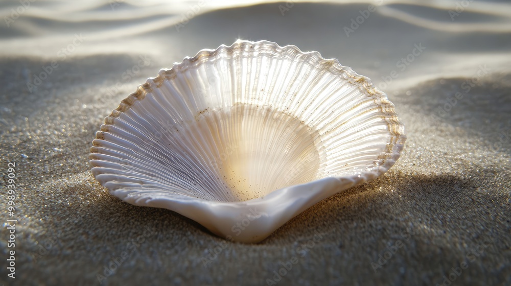 A translucent seashell, placed on the sand with light passing through its delicate structure A translucent seashell, placed on the sand with light passing through its delicate structure