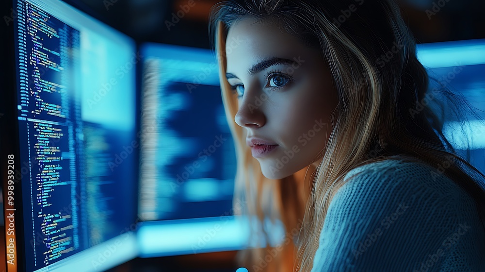 Female cyber security analyst analyzing AI cyberspace threats on computer in dark tech office data centre. Blue lighting. IT specialist ethical hacking Female cyber security analyst analyzing AI cyberspace threats on computer in dark tech office data centre. Blue lighting. IT specialist ethical hacking
