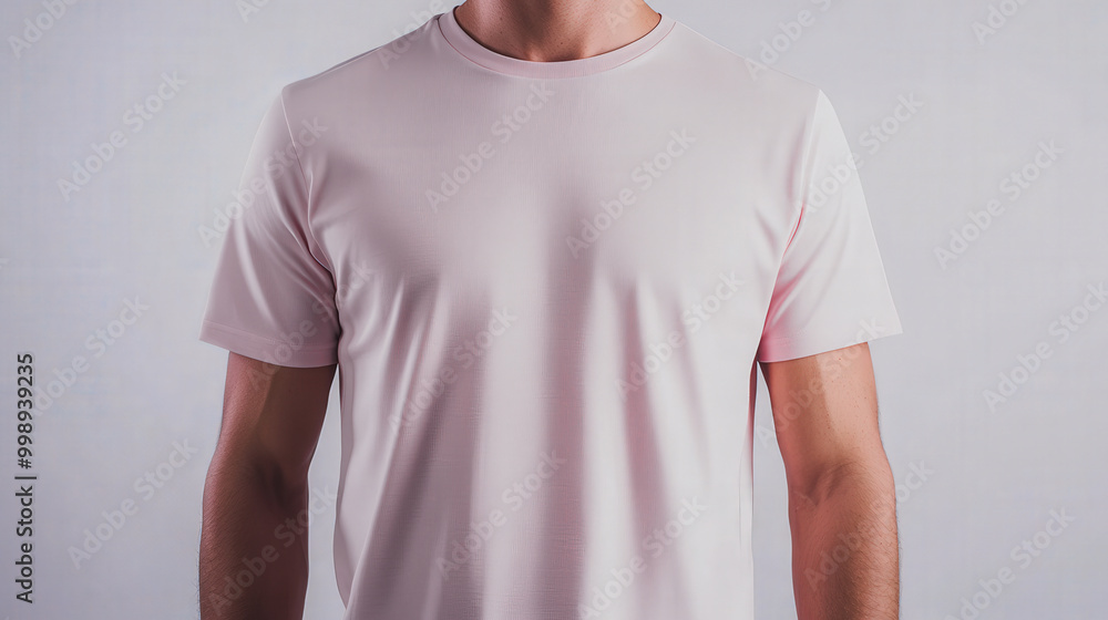 A man is wearing a pink shirt and standing in front of a white background