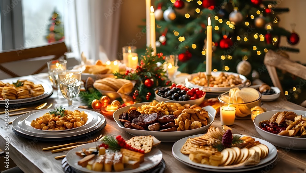 Festive Christmas Dinner Table: Delicious Dishes and Snacks with New Year's Decor and Christmas Tree Background Festive Christmas Dinner Table: Delicious Dishes and Snacks with New Year's Decor and Christmas Tree Background