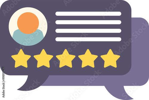 Speech bubble is showing five star feedback with customer review