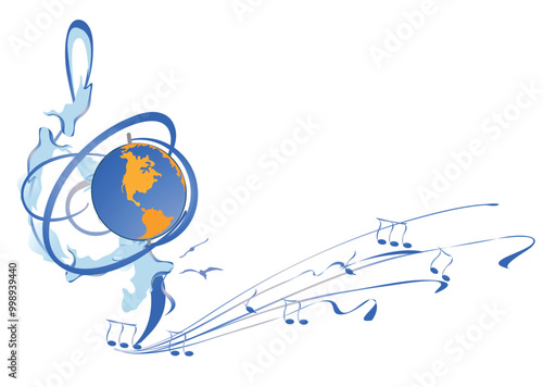 Abstract musical design with a treble clef and Planet Earth, colorful splashes, notes and waves.  Planet music. Hand drawn vector illustration.