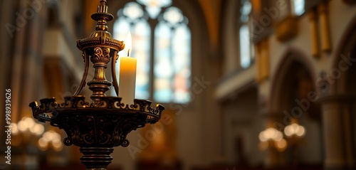 Ornate candle holder with a single lit candle in a church. 