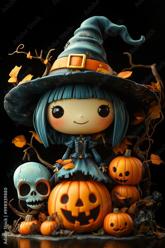 Adorable Halloween Witch Figures with Pumpkins and Skulls - Festive Fantasy Collection Adorable Halloween Witch Figures with Pumpkins and Skulls - Festive Fantasy Collection
