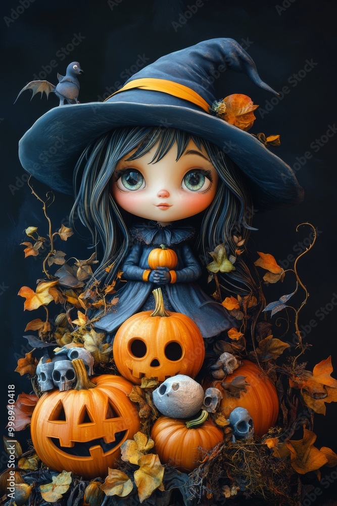 Adorable Halloween Witch Figures with Pumpkins and Skulls - Festive Fantasy Collection Adorable Halloween Witch Figures with Pumpkins and Skulls - Festive Fantasy Collection