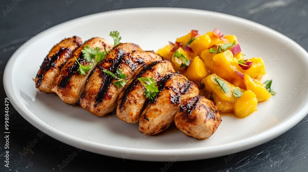 Grilled chicken with mango chutney, served on a white porcelain plate against a dark slate background Grilled chicken with mango chutney, served on a white porcelain plate against a dark slate background