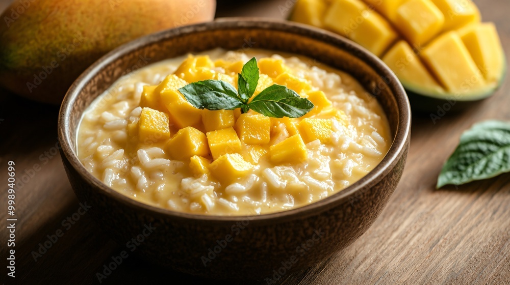 Mango and coconut rice pudding in a ceramic dish, on a warm earthy-toned background Mango and coconut rice pudding in a ceramic dish, on a warm earthy-toned background