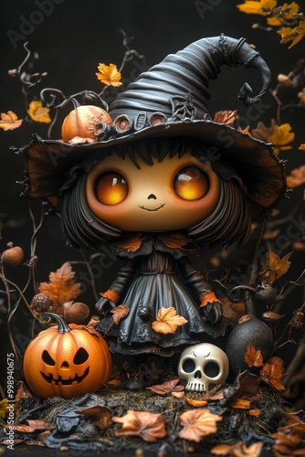 Adorable Halloween Witch Figures with Pumpkins and Skulls - Festive Fantasy Collection