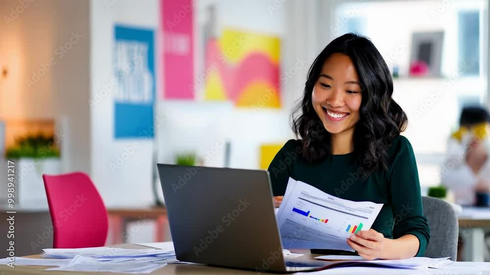 Happy creative business woman taking notes while working on laptop and documents in the office. Happy creative business woman taking notes while working on laptop and documents in the office.