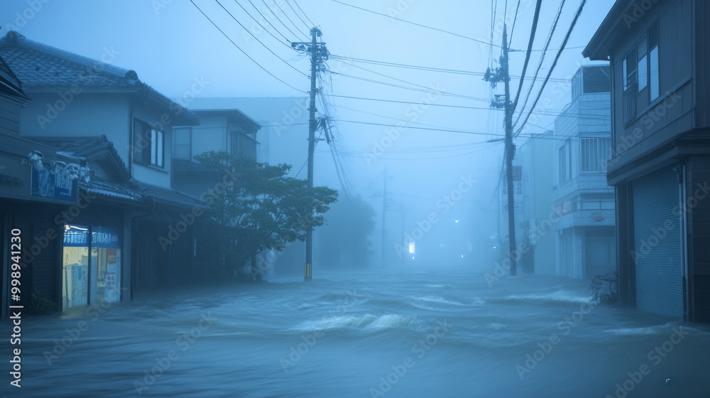 street is flooded water by heavy rain and strong winds street is flooded water by heavy rain and strong winds
