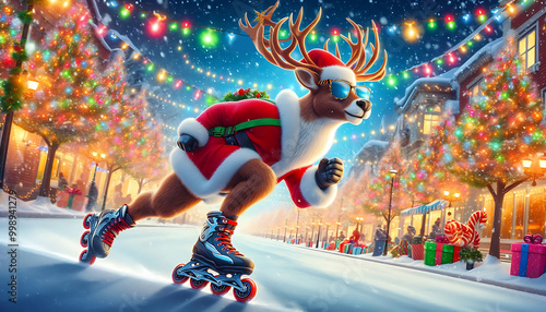 Santa reindeer rides on rollers illustration,greeting card with  reindeer,generaive ai