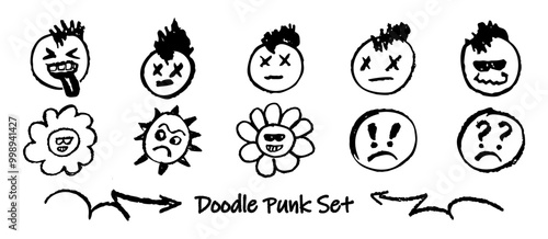 Set of doodle punk heads. Collection of black outline faces handdrawn humor emotions. Retro style stick out tongue, mohawk hairstyle, groovy flower with dark sunglasses. Vector illustration