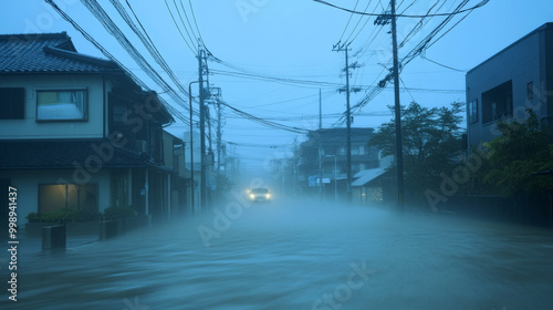 street is flooded water by heavy rain and strong winds