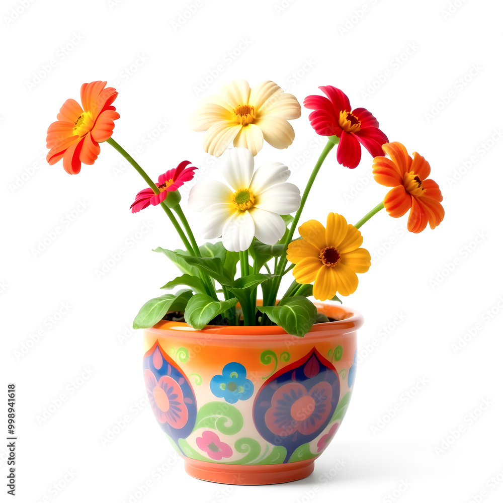 Fototapeta premium Flowerpot with daisies isolated on white background. Spring flowers.