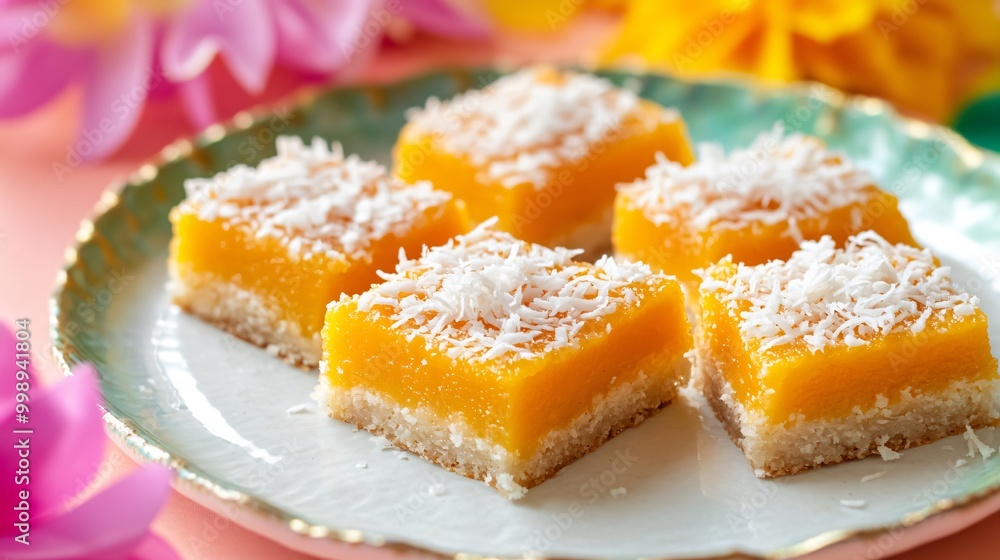 Mango coconut bars, arranged on a clean white plate, set against a colorful festival backdrop Mango coconut bars, arranged on a clean white plate, set against a colorful festival backdrop