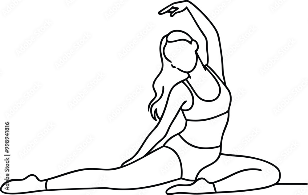 Continuous line art drawing of a woman stretching and relaxing, woman in yoga pose line art, yoga stretch line drawing vector illustration Continuous line art drawing of a woman stretching and relaxing, woman in yoga pose line art, yoga stretch line drawing vector illustration