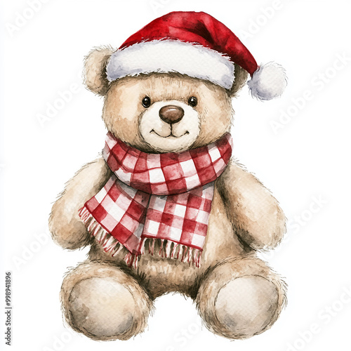 Whimsical Watercolor Cartoon Teddy Bear Sporting a Red and White Checkered Scarf and Santa Hat, Perfect for Holiday Themes
