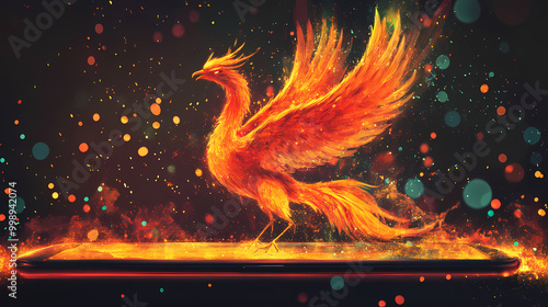 Digital phoenix rising from smartphone screen, illustrating revolutionary tech rebirth. Phoenix Rising. Illustration photo