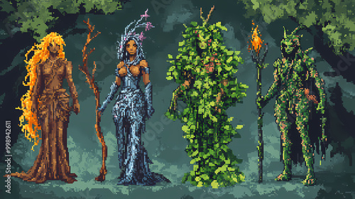 Diverse rpg dryads icons in pixel art style. Dryad. Illustration photo