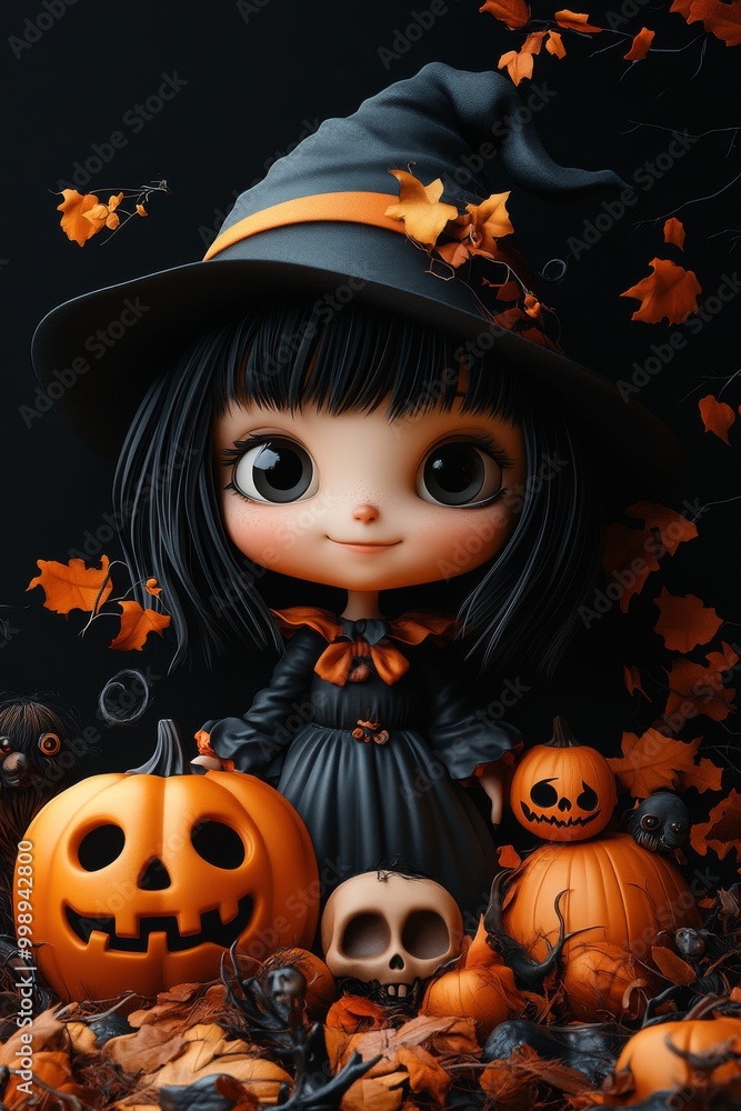 Adorable Halloween Witch Figures with Pumpkins and Skulls - Festive Fantasy Collection Adorable Halloween Witch Figures with Pumpkins and Skulls - Festive Fantasy Collection