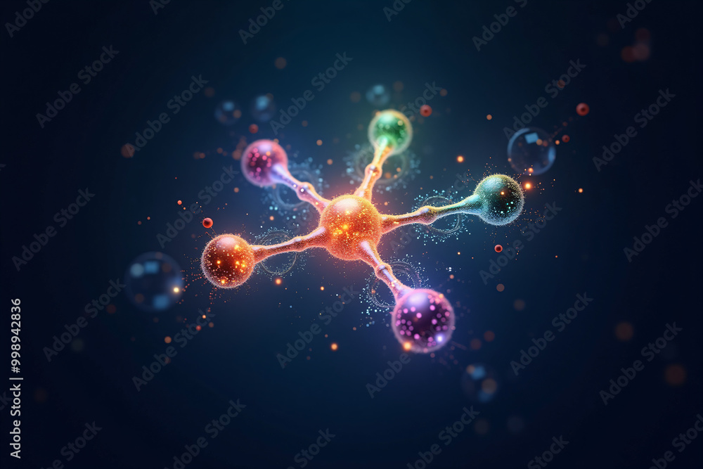 Vibrant Molecule Structure Illustration with Glowing Cityscape Vibrant Molecule Structure Illustration with Glowing Cityscape