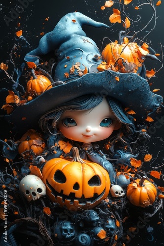 Adorable Halloween Witch Figures with Pumpkins and Skulls - Festive Fantasy Collection