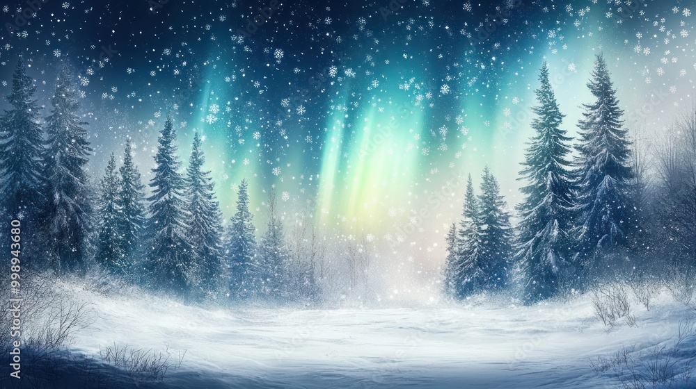 Fototapeta premium Snow-Covered Forest Under the Northern Lights