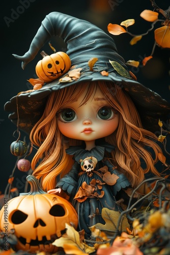 Adorable Halloween Witch Figures with Pumpkins and Skulls - Festive Fantasy Collection