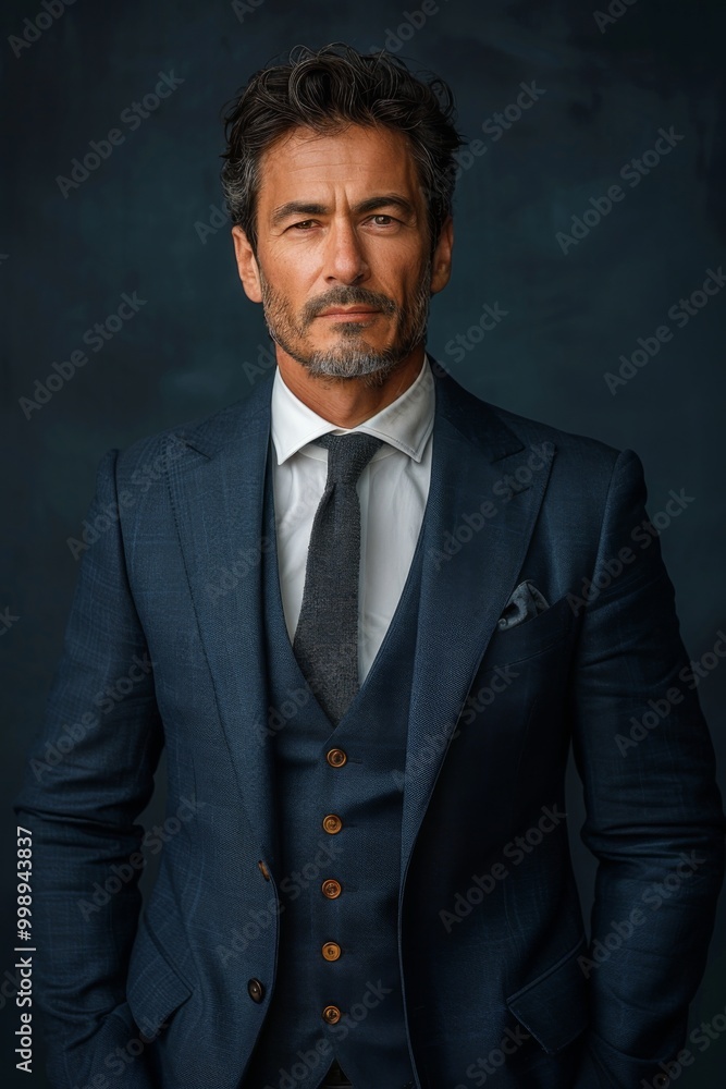 A commanding portrait of a male corporate lawyer in a dark blue suit, white shirt, blue tie, navy background, vertical A commanding portrait of a male corporate lawyer in a dark blue suit, white shirt, blue tie, navy background, vertical