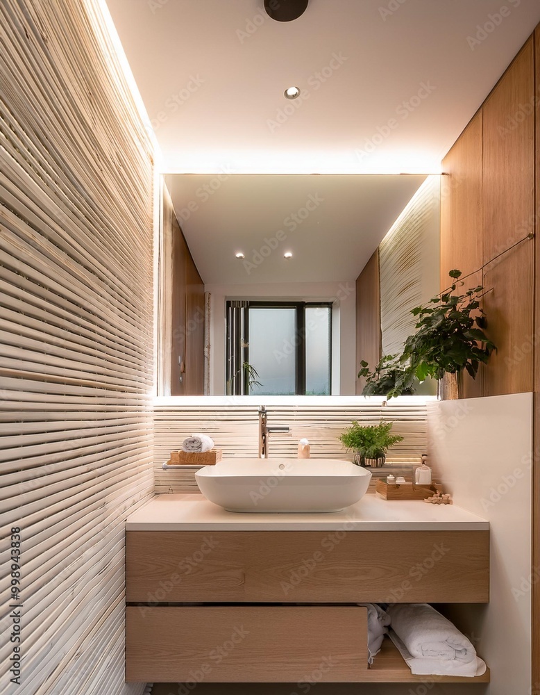 Serene minimalist bathroom with sleek fixtures and a calming color palette Serene minimalist bathroom with sleek fixtures and a calming color palette