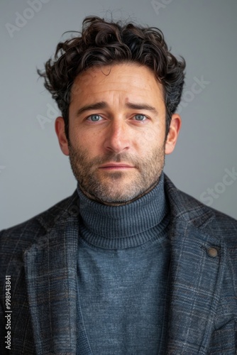 A contemporary portrait of a male tech entrepreneur wearing a smart casual blazer over a grey turtleneck, white background, vertical